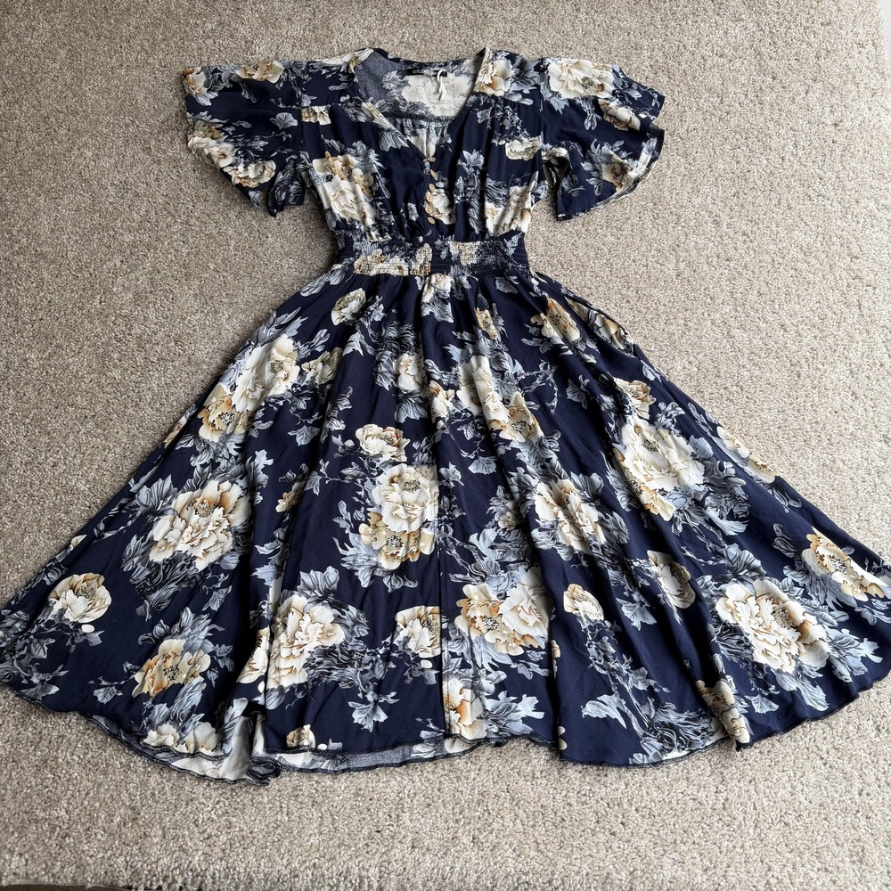 NERLEROLIAN Dress Womens L Blue Floral Flutter Sleeve Smocked Maxi Sundress
